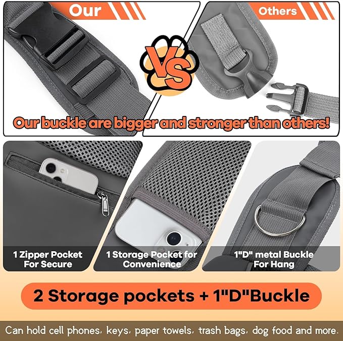 YUDODO Pet Sling Carrier for Small Dogs & Cats – Hands-Free Puppy Carrier with Safety Hook, Large Zipper Pocket, Soft Breathable Mesh, Adjustable Strap & Reflective Strip (Gray 1.0 M)