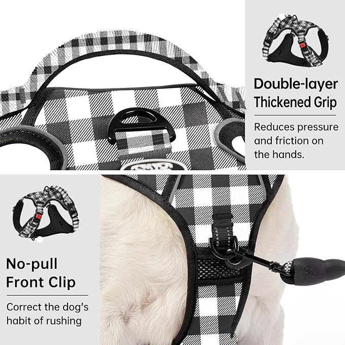IVY&LANE No Pull Dog Harness with Leash Set, Reflective No Choke Pet Vest,Adjustable Oxford Dog Vest Harness with Easy Control Handle for Large Dogs (Checkered Black,L)