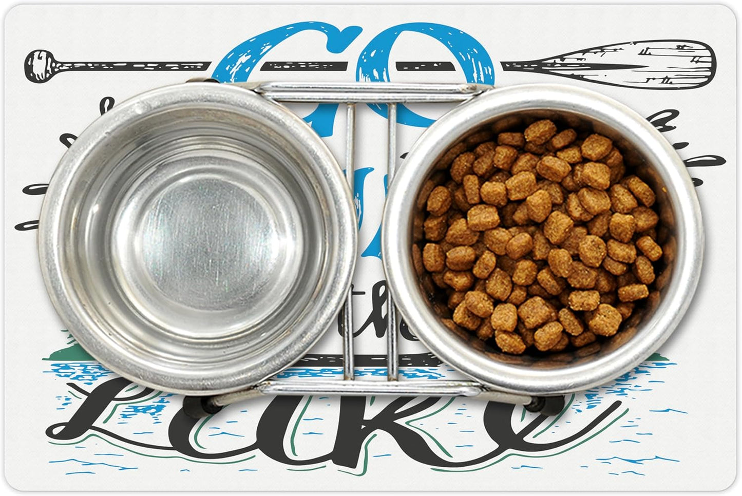 Lunarable Cabin Pet Mat for Food and Water, Vintage Typography Inspirational Words Lake Sign Canoe Fishing Sports Theme, Non-Slip Rubber Mat for Dogs and Cats, 18" X 12", Black Green