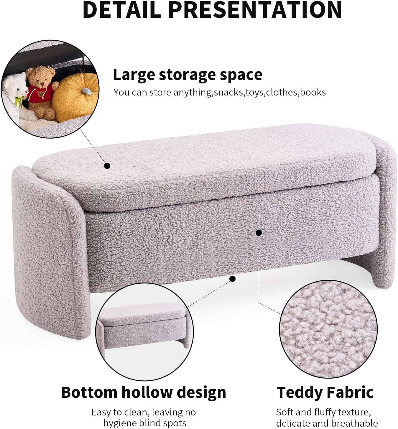 48 Inch Lamb Fleece Oval Storage Bench Upholstered Ottoman Bench with Storage, Bedroom Bench with Large Storage Space, for Bedroom Living Room Entryway, Grey