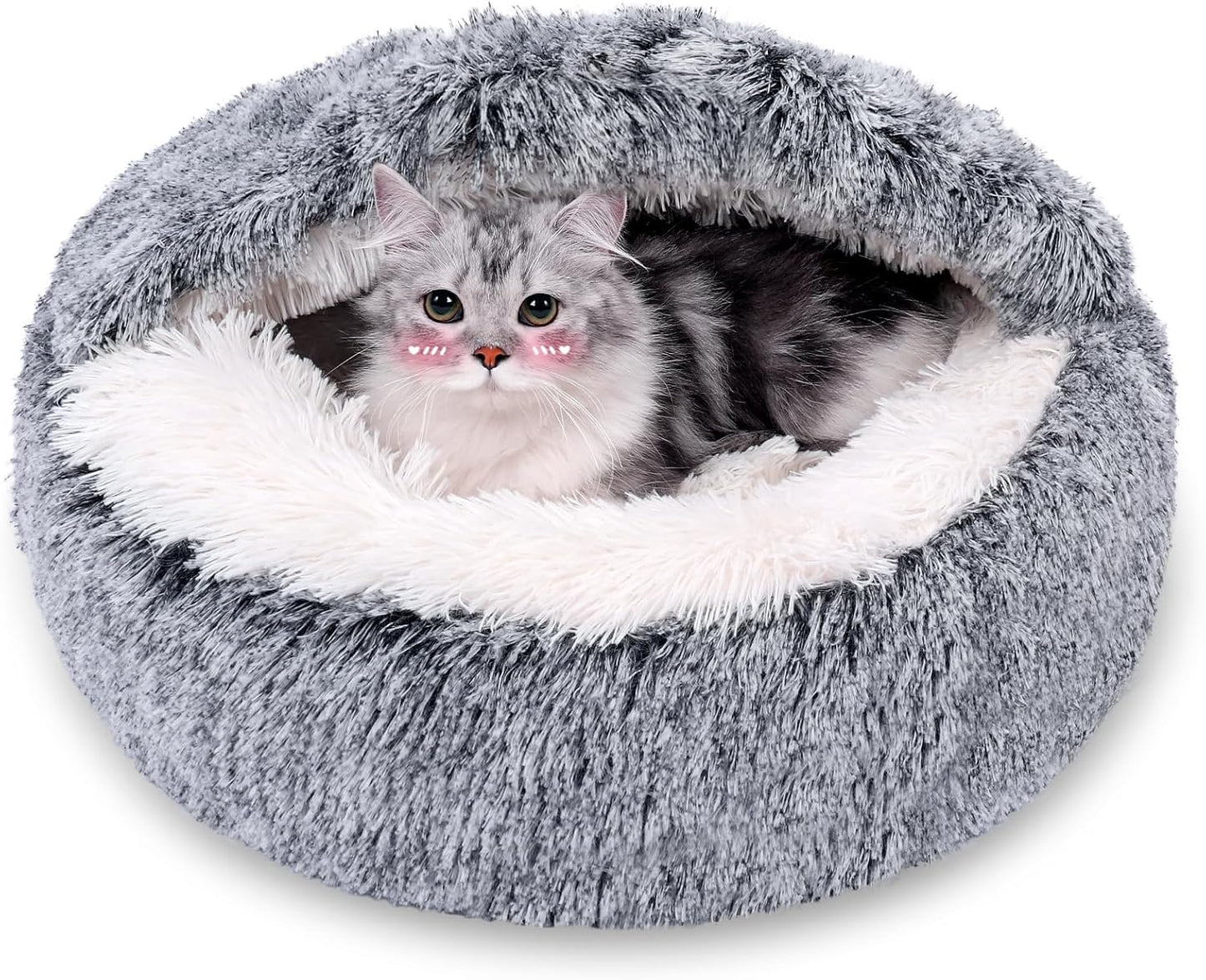 Calming Dog Beds & Cat Cave Bed with Hooded Cover,Removable Washable Round Beds for Small Medium Pets,Anti-Slip Faux Fur Fluffy Coved Bed for Improved Sleep,Fits up to 15/25 lbs(Grey,M)