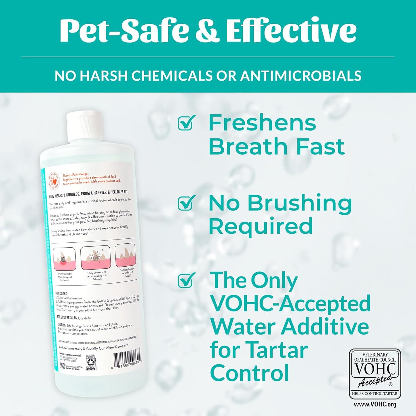 SKOUT'S HONOR Fresher Breath Flavorless Water Additive - VOHC Accepted for Tartar Control, Freshens Breath Fast, No Brushing Required, 32 oz