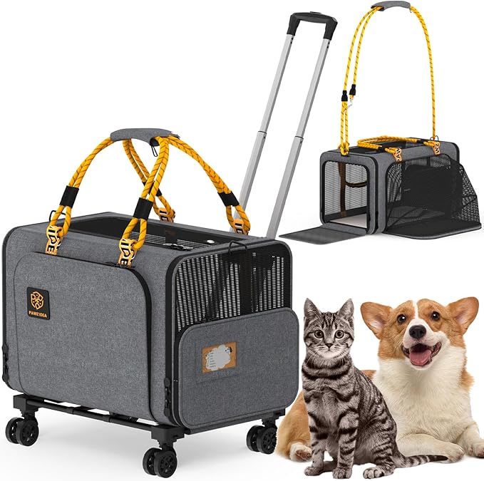 PAWZIDEA Expandable Pet Carrier with Wheels, 24x16x16in Large Cat Carrier for 2 Cats, Soft-Sided Dog Carriers for Small Medium Dog, Collapsible Rolling Travel Bag w/Telescopic Handle, Shoulder Straps