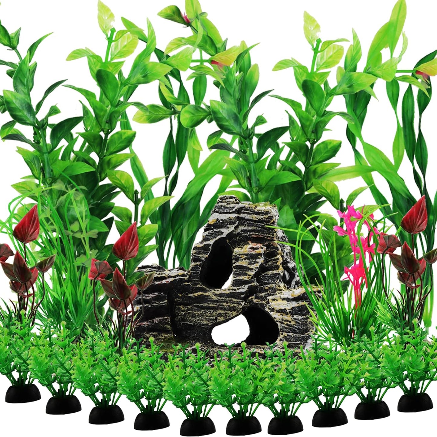 Fish Tank Accessories Aquarium Decorations Rock Plants, 20pcs Green Fish Tank Decorations Plants and Cave Rock Decoration Decor Set, Fish Tank Decor, Aquarium Decor Plastic Plants