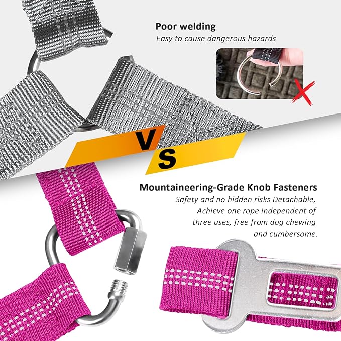 Removable Dog Seat Belt Harness for Car, 3 in 1 Pet Dog Car Seatbelt Leash, Retractable Restraint Secures to Vehicle Headrest & Adjustable Reflective Bungee Dog Seatbelt Tether, Rose