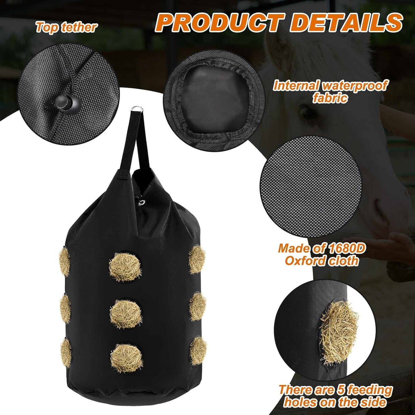 2 Pcs hay Bags for Horses Goats Slow Feed 1680D Oxford Bag Black Large Capacity Net Open Feed Hole Hay Holder for Horse Goats Sheep(15 Holes)