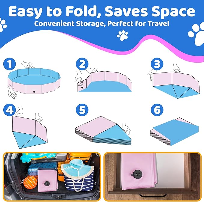 2025 Updated Foldable Dog Pool, 71" x 12" Kiddie Pool with Hard Plastic, Non-Slip Dog Bath Tub for Outdoor Backyard, Collapsible Dog Swimming Pool for Kids Dogs Pets (Pink)