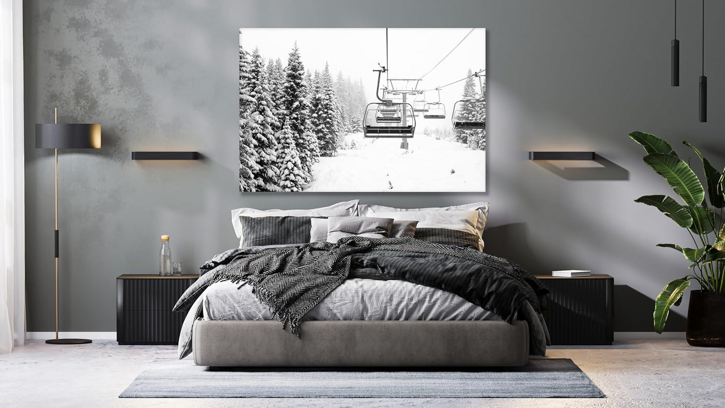 Nature Wall Art Prints - Ocean Forest Mountain Lake Canvas Landscapes - Small to Extra Large Living Room Bedroom Kitchen Bathroom Décor (Ski Lift on Snowy Mountain, 16L" x 24W")