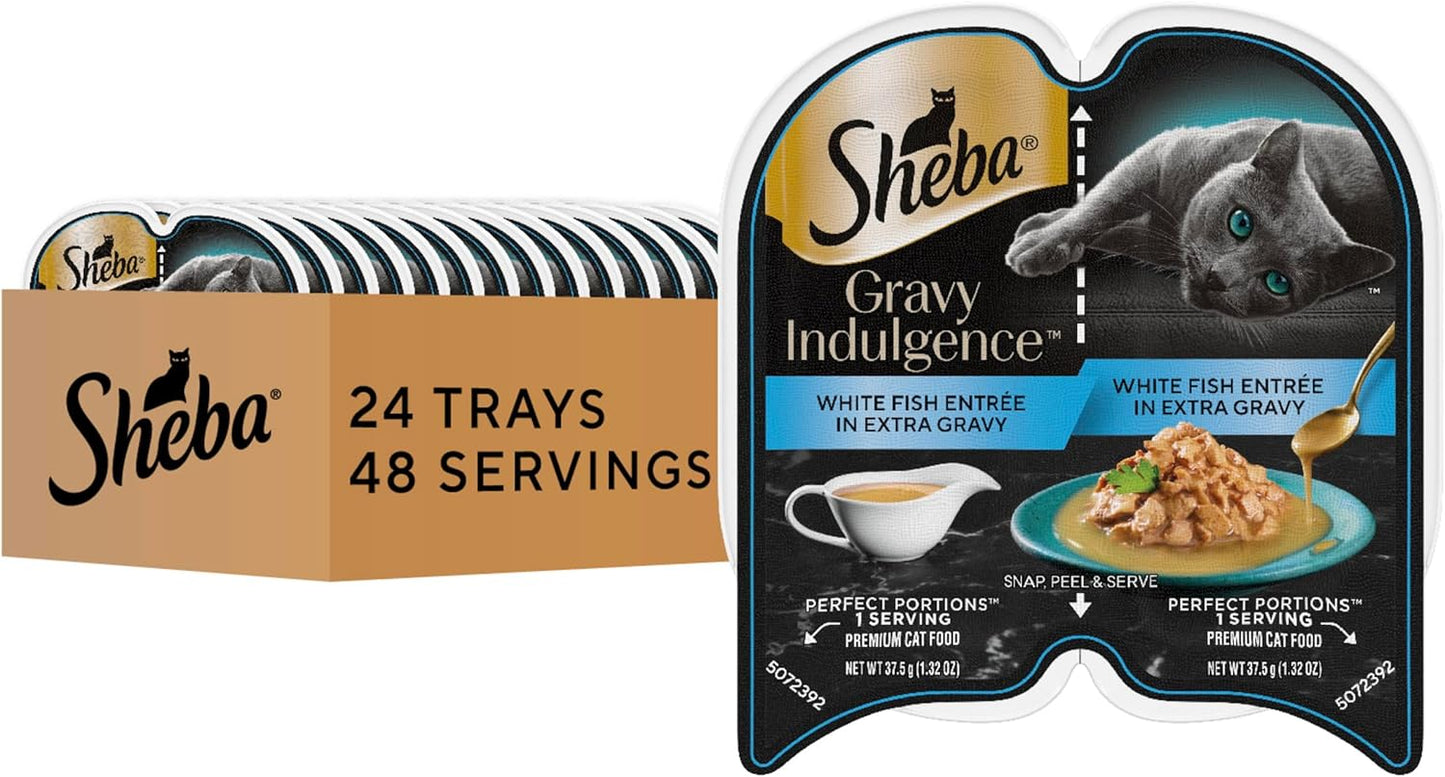 Sheba Gravy Indulgence Adult Wet Cat Food Whitefish Entree in Extra Gravy, 2.6 oz. Twin-Pack Trays (24 Count, 48 Servings)