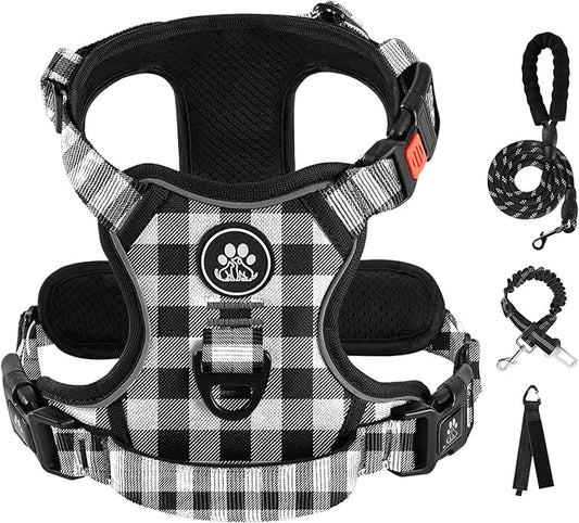 IVY&LANE No Pull Dog Harness with Leash Set, Reflective No Choke Pet Vest,Adjustable Oxford Dog Vest Harness with Easy Control Handle for Medium Lagre Dogs (Checkered Black,M)