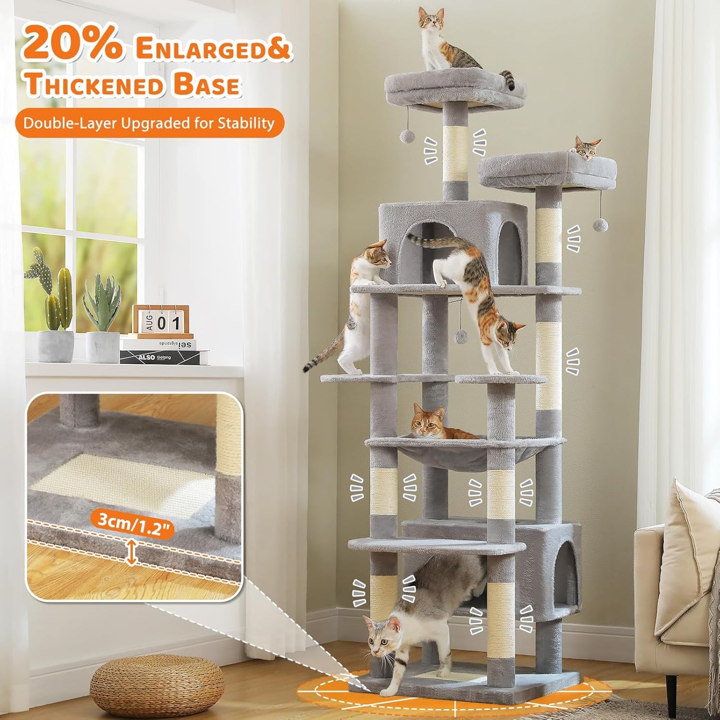 PAWZ Road Heavy Duty Cat Tree for Large Cats, 81 Inches Tall Cat Tower with 2 Perches, 2 Condos and Spacious Hammock, XL Extra Large Condo with 7 Scratching Posts for 20lb+ Adult Cats,Gray