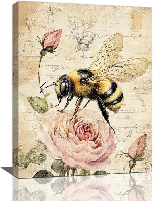 Rustic Bee Bathroom Pictures Wall Art, Vintage Floral Bathroom Wall Decor, Pink Rose Flower Framed Painting Canvas Artwork for Bedroom Living Room Decorations 16"L x 12"W