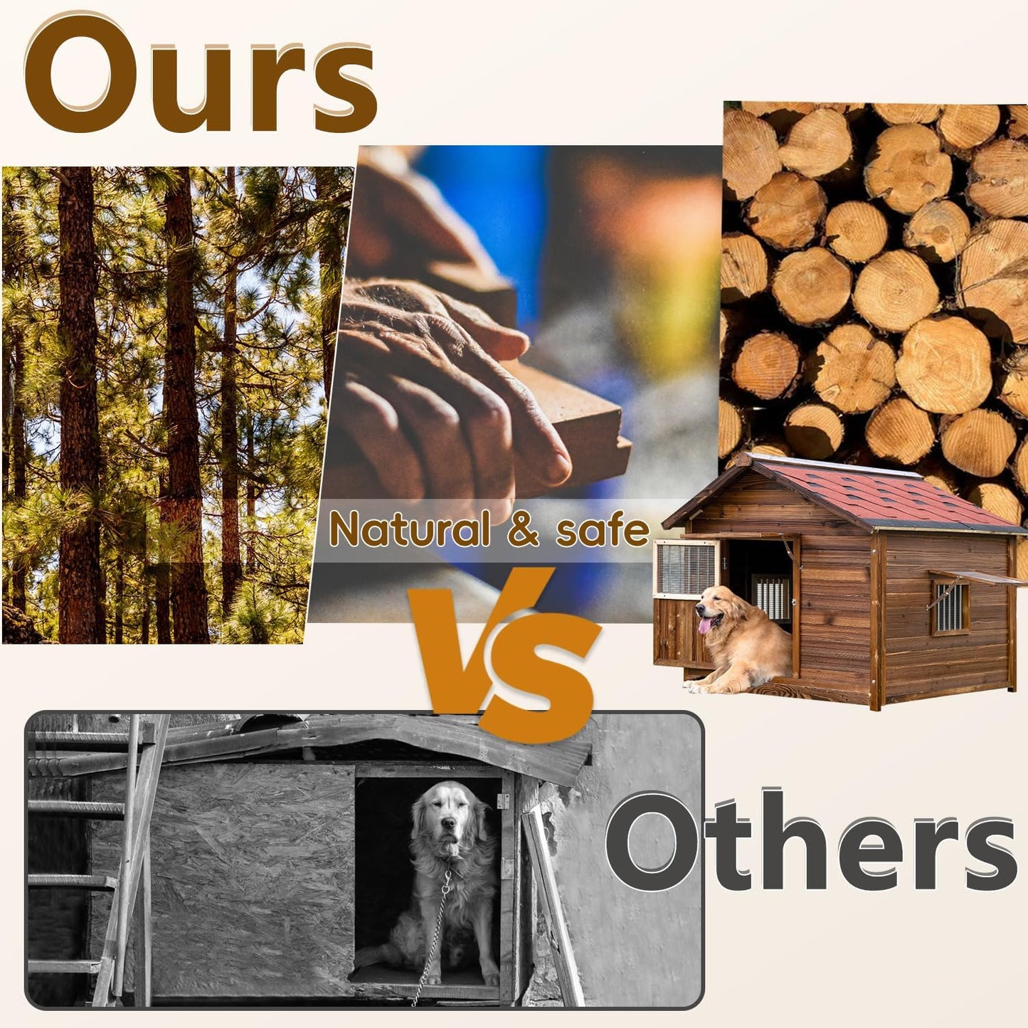 Luxury Dog House Outdoor&Indoor Weatherproof, Wooden Dog House for for Garden Backyard, Natural Pine Wood Pet House Outside, Waterproof Dog Kennel, XL