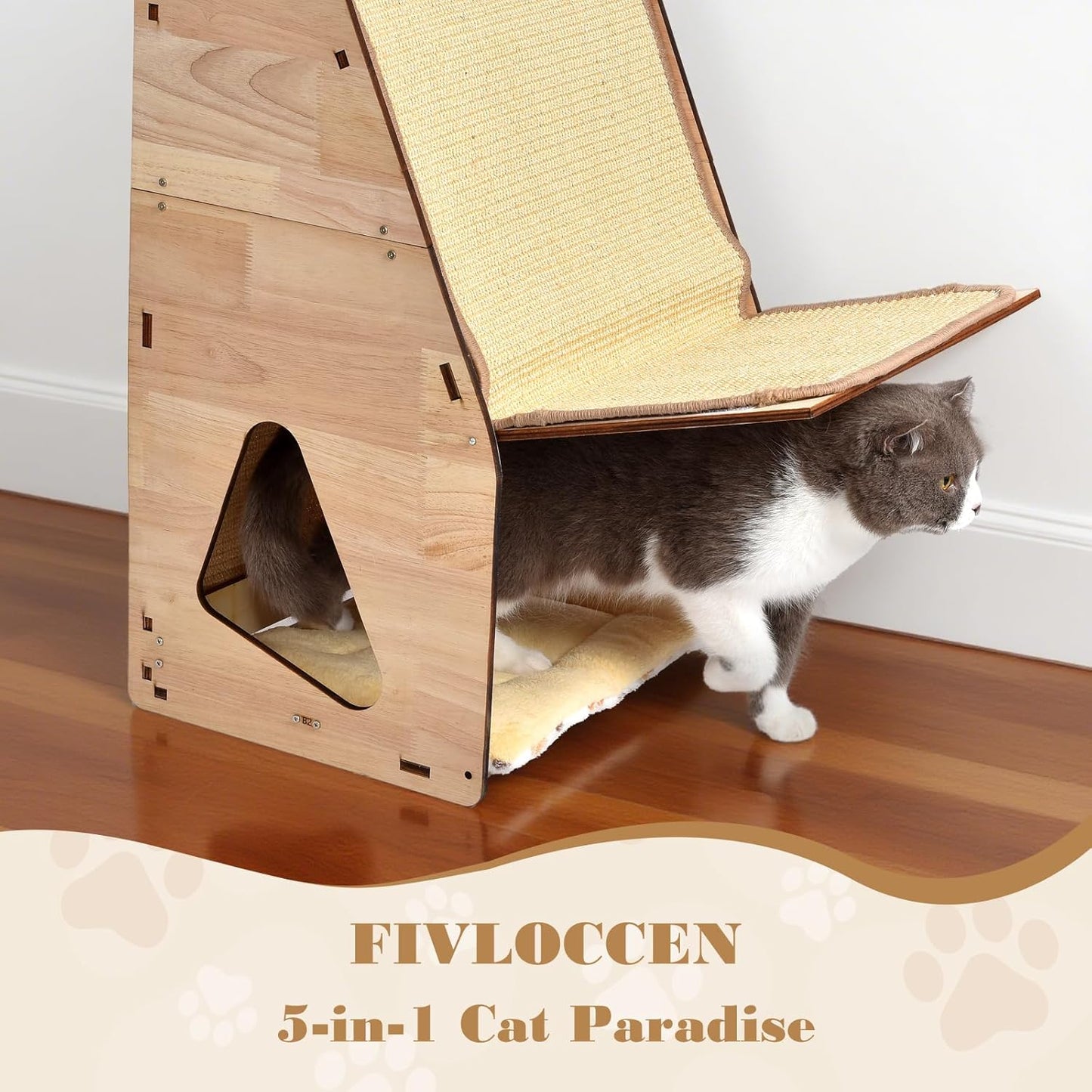 24in Multi-Functional Cat Furniture: Sisal Scratching Posts & Sturdy 3D Wood Frame for Indoor Cats, Integrated Cat Condo Hideout Tunnel All-in-One Space Saver for Multi-Cat & Budget-Friendly