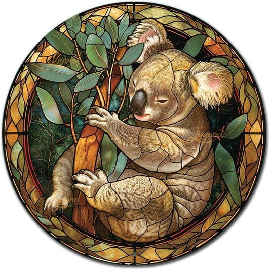 Lygond Metal Sign Tin Sign Circular Stained Glass Koala Tin Signs Gardening for Pub 12×12 Inches