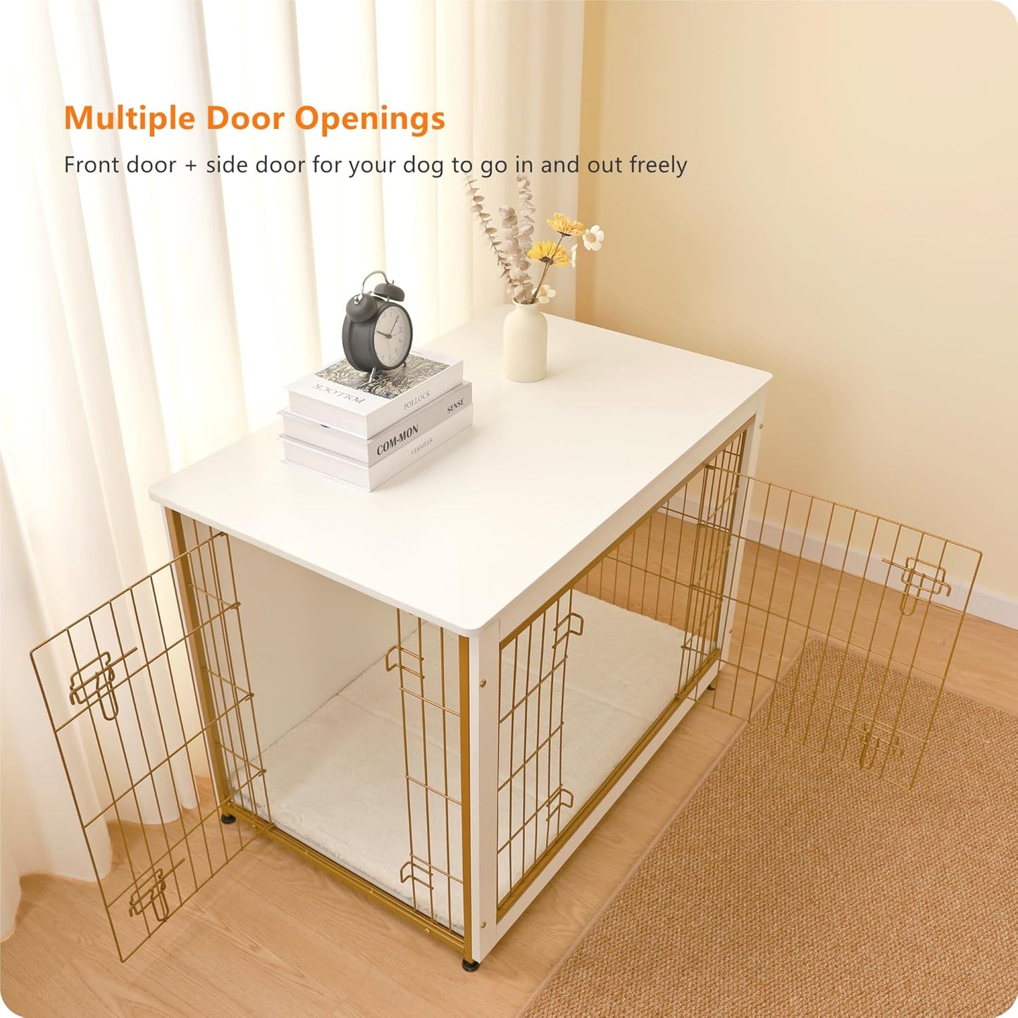 DWANTON Dog Crate Furniture with Cushion, Wooden Kennel Table with Double Doors, Indoor Dog House, Large Size, 38.5" L, White