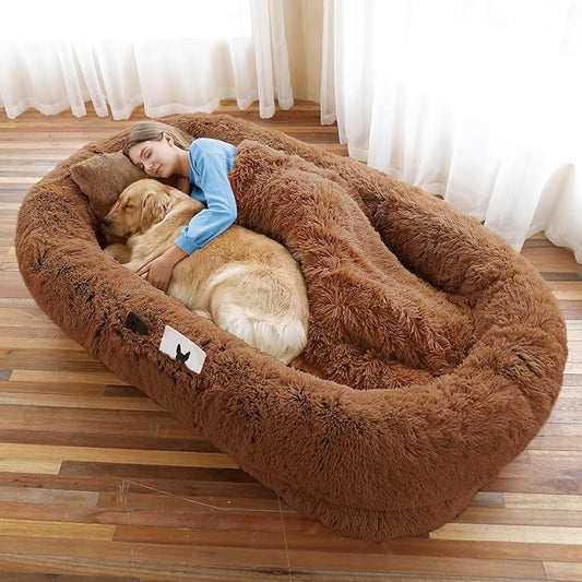 Human Dog Bed, Brown, 71''x45''x12'' Size Fits You and Pets, Washable Faux Fur Pet Bed for People Doze Off, Napping Orthopedic Dog Bed, Present Plump Pillow, Blanket, Strap