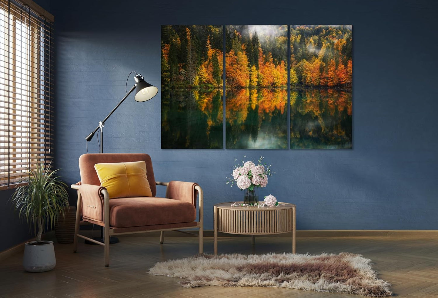 Nature Wall Art Prints - Ocean Forest Mountain Lake Canvas Landscapes - Small to Extra Large Living Room Bedroom Kitchen Bathroom Décor (Autumn by the Lake, 39L" x 59W" - 3 Panels)