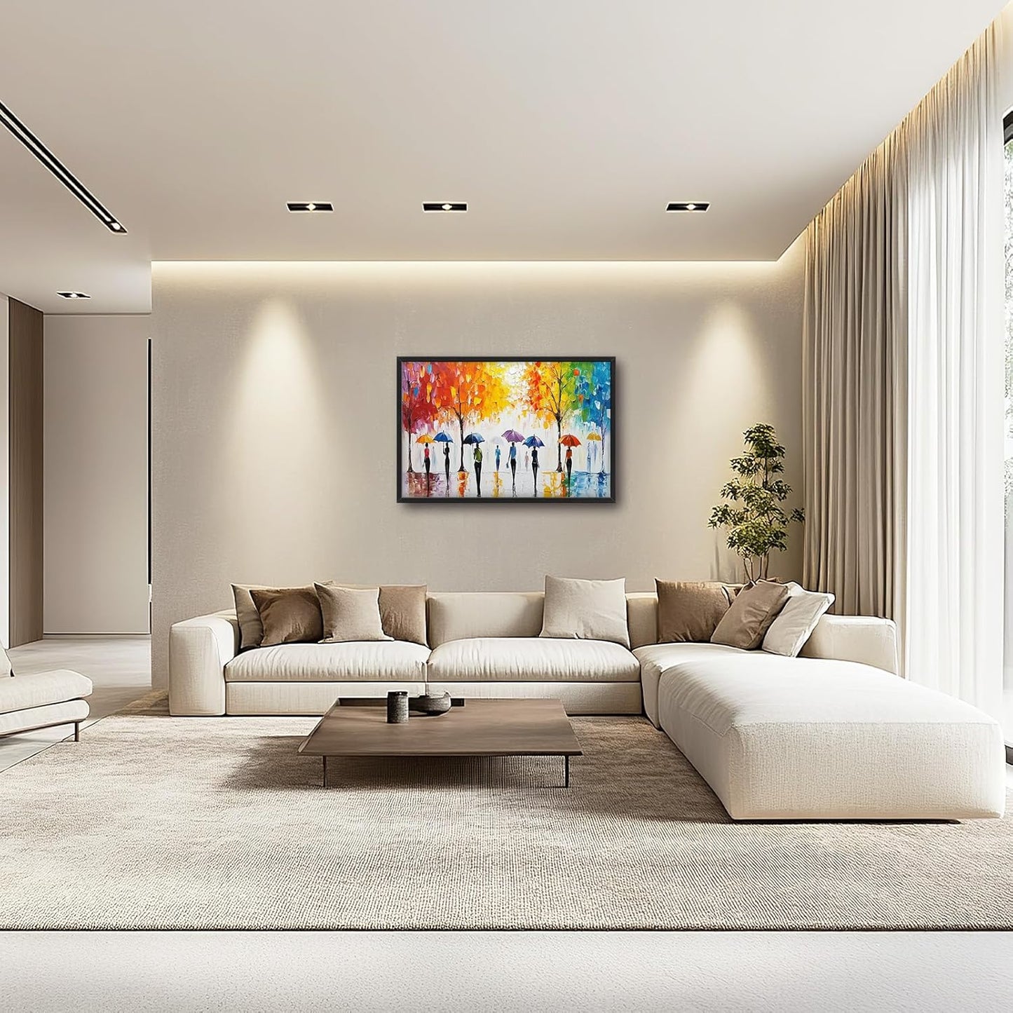 Large Abstract Tree Wall Art for Living Room, Framed Oversized People with Colorful Umbrella Wall Decor Street Canvas Painting Modern Artwork for Living Room Bedroom Office Dining Room 36"x24"