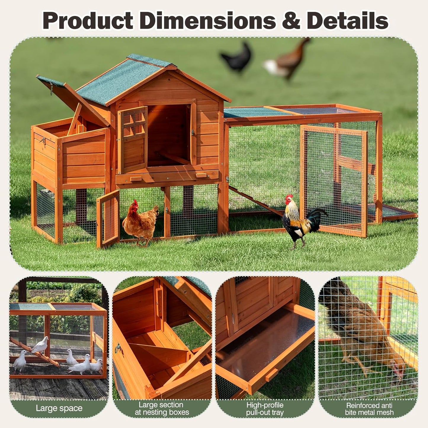 Chicken Coop for 4-6 Chickens Outdoor Wooden Hen House Poultry Pet Hutch for Backyard w/Run Cage & Nesting Box