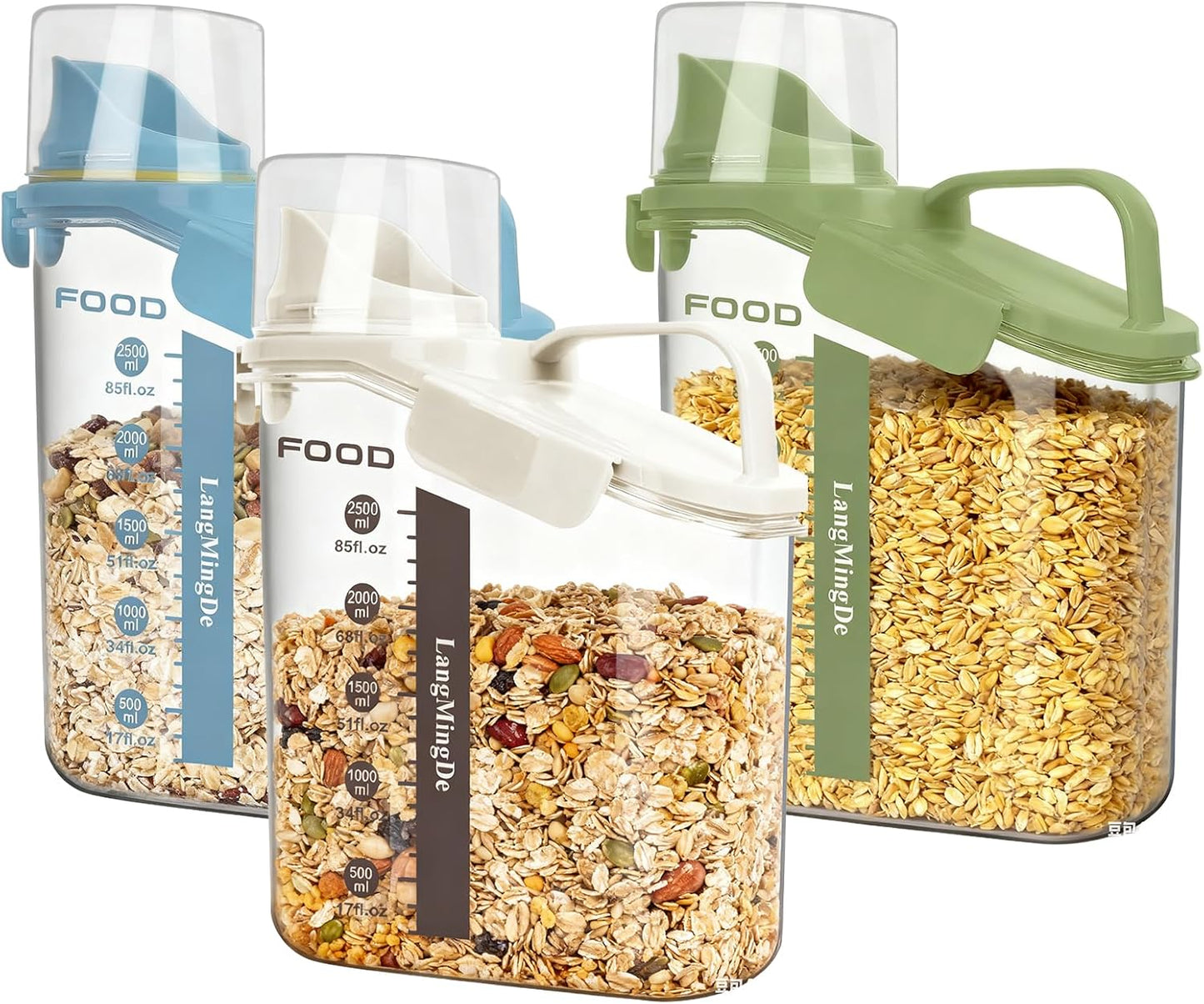 3 Pieces Cereal Containers Storage, 51fl.oz/1.5L Compact Crystal Clear Dry Food Storage Containers with Pouring Spout Measuring Cup for Rice Nuts Beans Pet Food Snacks Candies, 3PCS