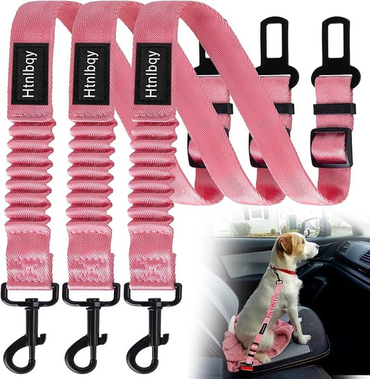 Thickened Dog Seat Belt for Car, 3 Pack Set Retractable Dog Car Adjustable Seatbelts for Vehicle Nylon Pet Safety Heavy Duty & Elastic & Durable Car Harness for Dogs, Light Pink
