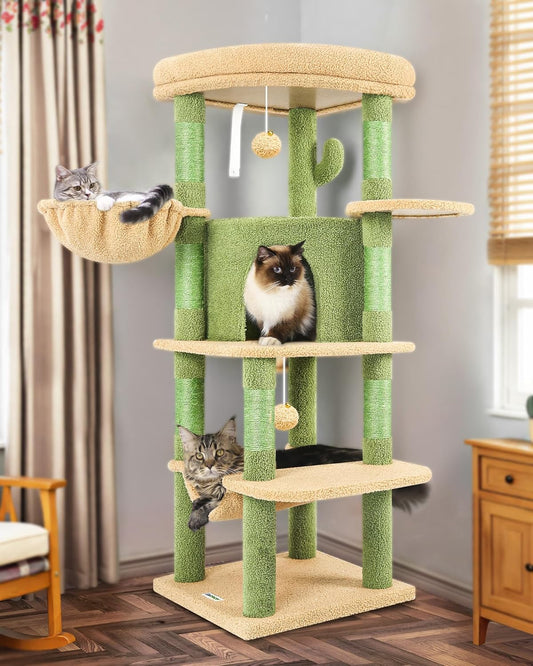Globlazer Cactus Corner Cat Tree Tower with Scratching Post for Indoor Cats, 51in Multi-Level Cat Condo Tower with Large Hammock, Fan-Shaped Padded Perch, Spacious Cat Cave, Hanging Basket, C51, Green