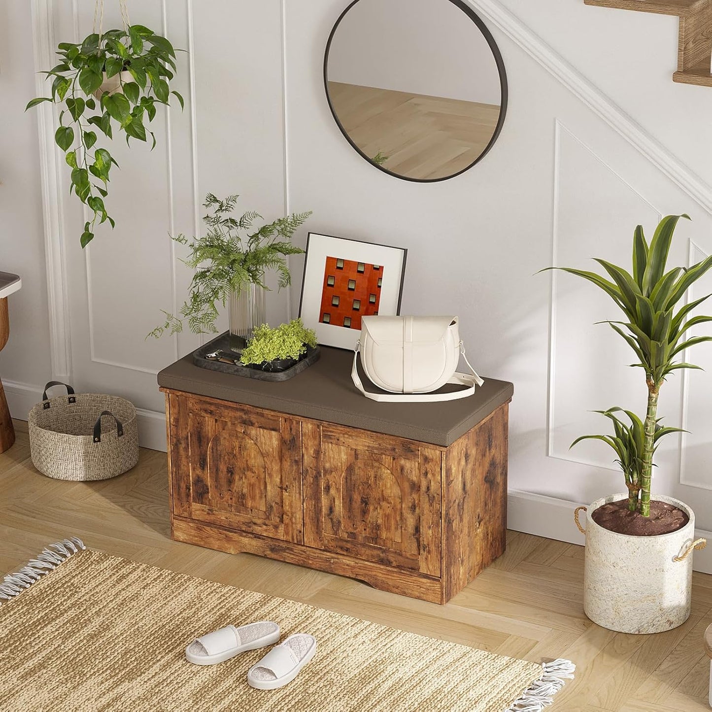 DINZI LVJ Shoe Bench, Entryway Storage Bench with Doors, Cushion, 2-Tier Shoe Rack with 6-Cubby, 31.5”L x 13.8”W Shoe Organizer Cabinet, Adjustable Shelf, Living Room, Bedroom, Rustic Brown