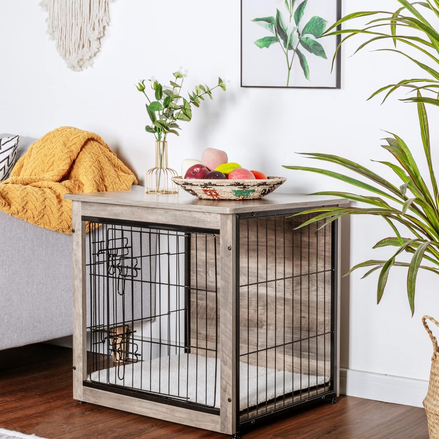 DWANTON Dog Crate Furniture with Cushion, Wooden Kennel Table with Double Doors, Indoor Dog House, Small/Medium/Large/Extra Large Size, 27.2" L, Greige