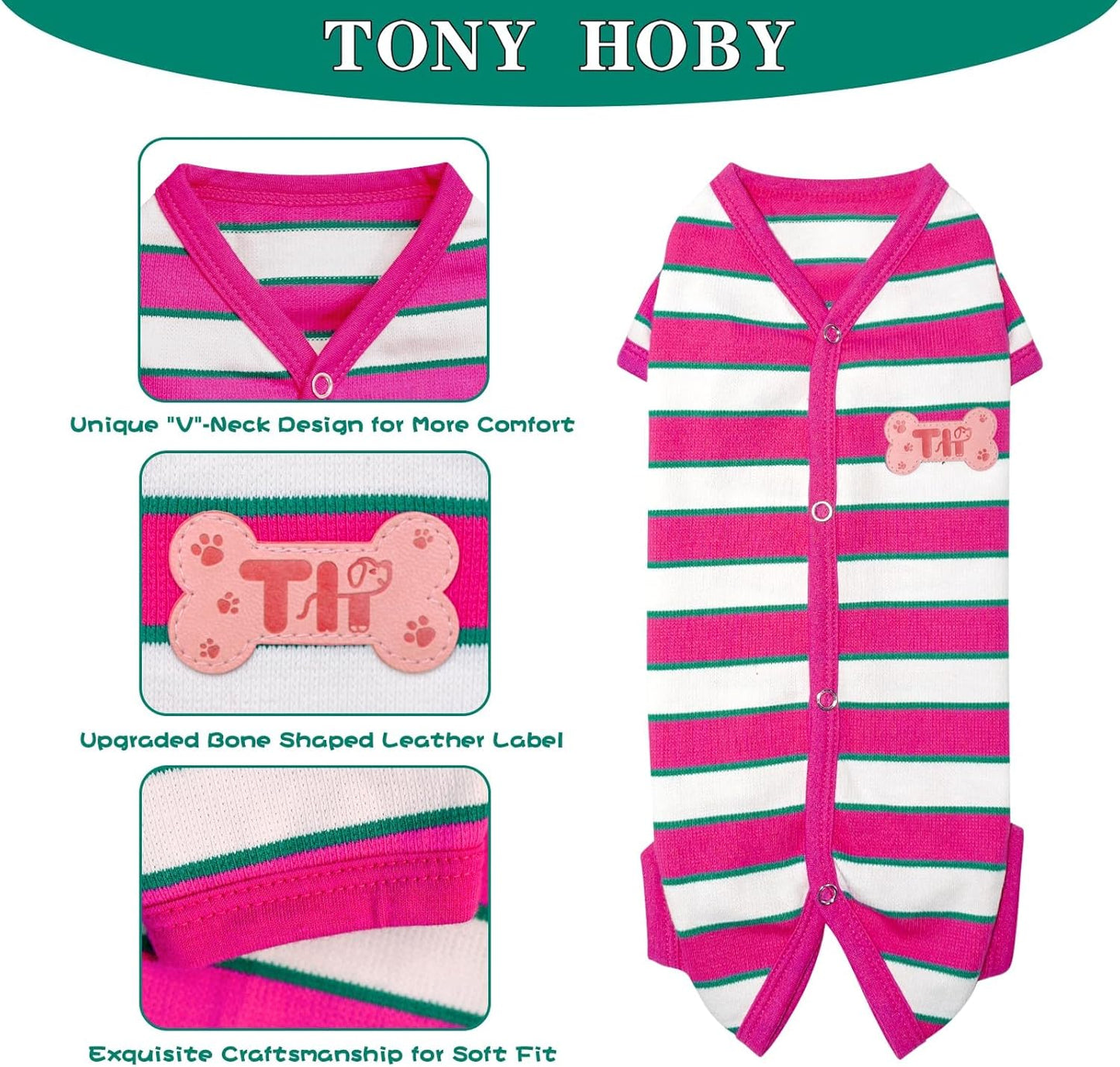 TONY HOBY Male Dog Pajamas, Dog Jumpsuit with Rose Red Stripe, Colorful Dogs Shirt for Small Medium Dogs (Rose Red&White, Boy, XL)