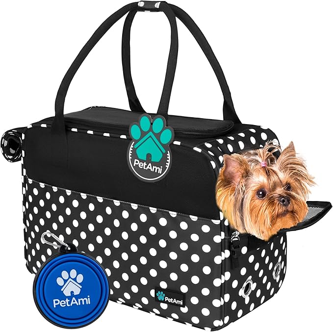 PetAmi Dog Purse Carrier for Small Dogs, Airline Approved Soft Sided Pet Carrier with Pockets, Ventilated Dog Carrying Bag for Puppy Cat, Dog Travel Supplies Bag, Sherpa Bed, Max 12 lbs, Polka Dot