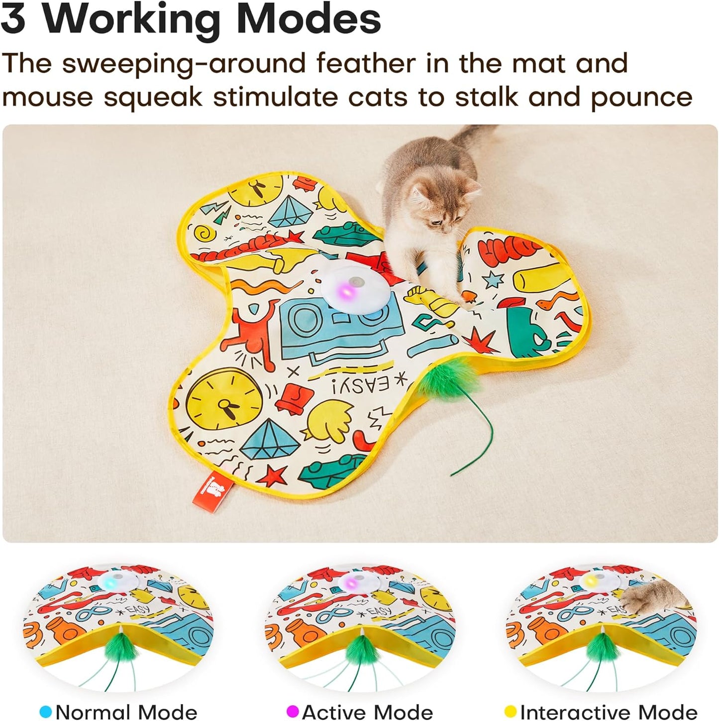 Potaroma Interactive Cat Feather Toys, Hide and Seek Concealed Moving Feather Wand, Rechargeable Touch Activated Indoor Kitten Exercise Kicker, Mouse Squeaky, Graffiti Cover