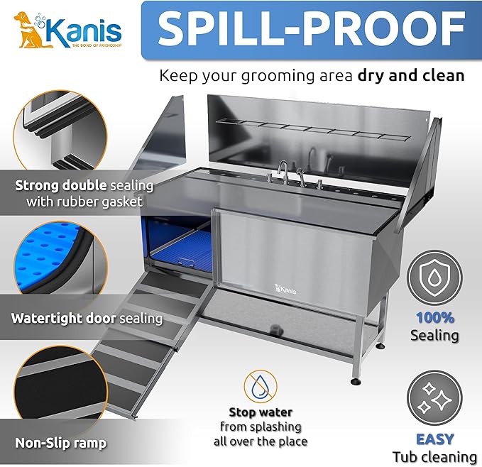 KANIS Professional Dog Washing Station - 304 Stainless Steel Pet Wash Sink & Grooming Bath Tub for Home with Ramp, Shower, Floor Grate, Storage Shelf, Faucet, Drain Kit for Large, Medium & Small Pets