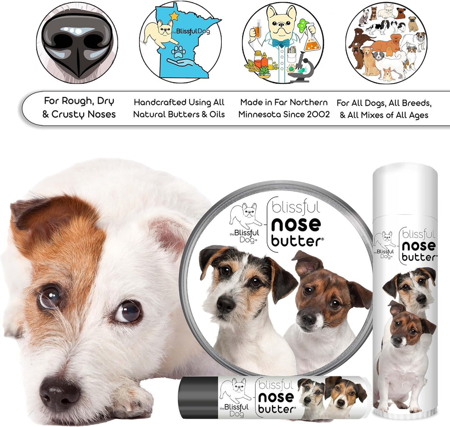 The Blissful Dog Jack Russell Terrier Nose Butter for Dry, Cracked Skin, Lick-Safe Dog Nose Balm with Moisturizing Shea Butter, Almond, Olive, and Essential Oils, Pet Supplies, Uncented, 1 oz.