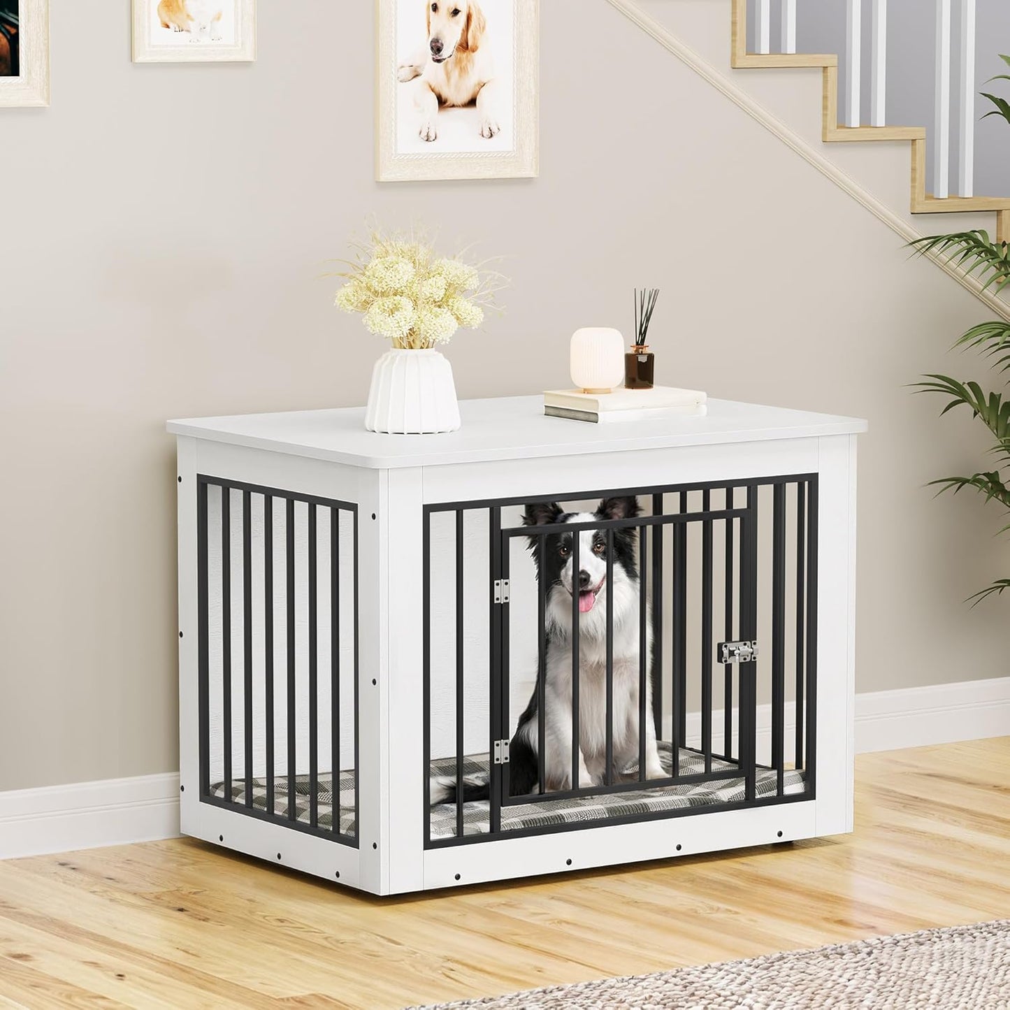YITAHOME 38.2" L Dog Crate Furniture for Large Dogs, 2-in-1 Iron-Wood Fusion Dog cage Indoor up to 60 lb, Side End Table, Modern Dogs Kennel with Waterproof Top, Safety Corners,Steel Lock,White