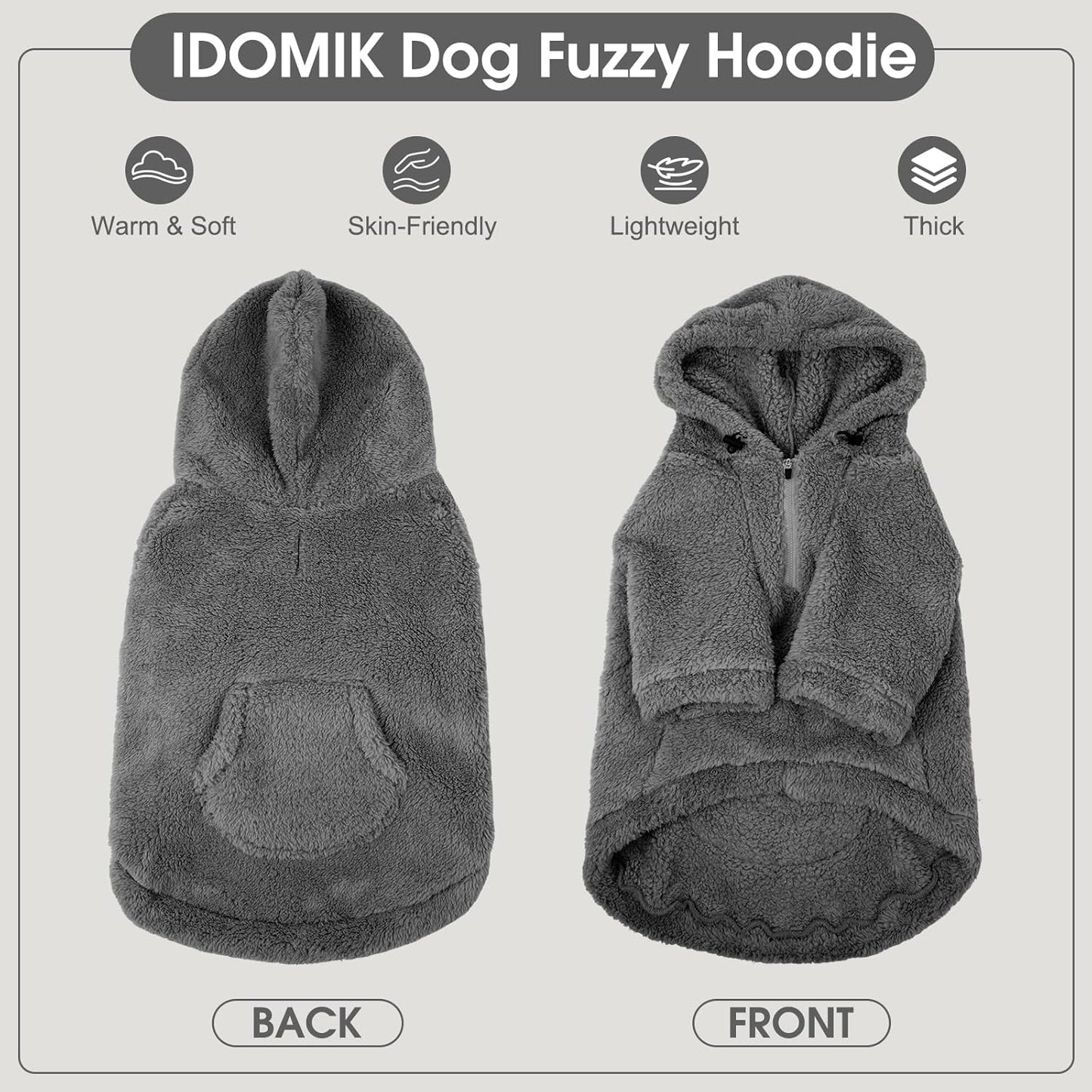IDOMIK Fuzzy Dog Sweater with Adjustable Hood, Warm Fleece Dog Sweater Hoodie with Harness Hole & Pocket, Pullover Sweaters for Medium Dogs, Fuzzy Hooded Sweatshirt for Fall Winter Christmas,Grey,L