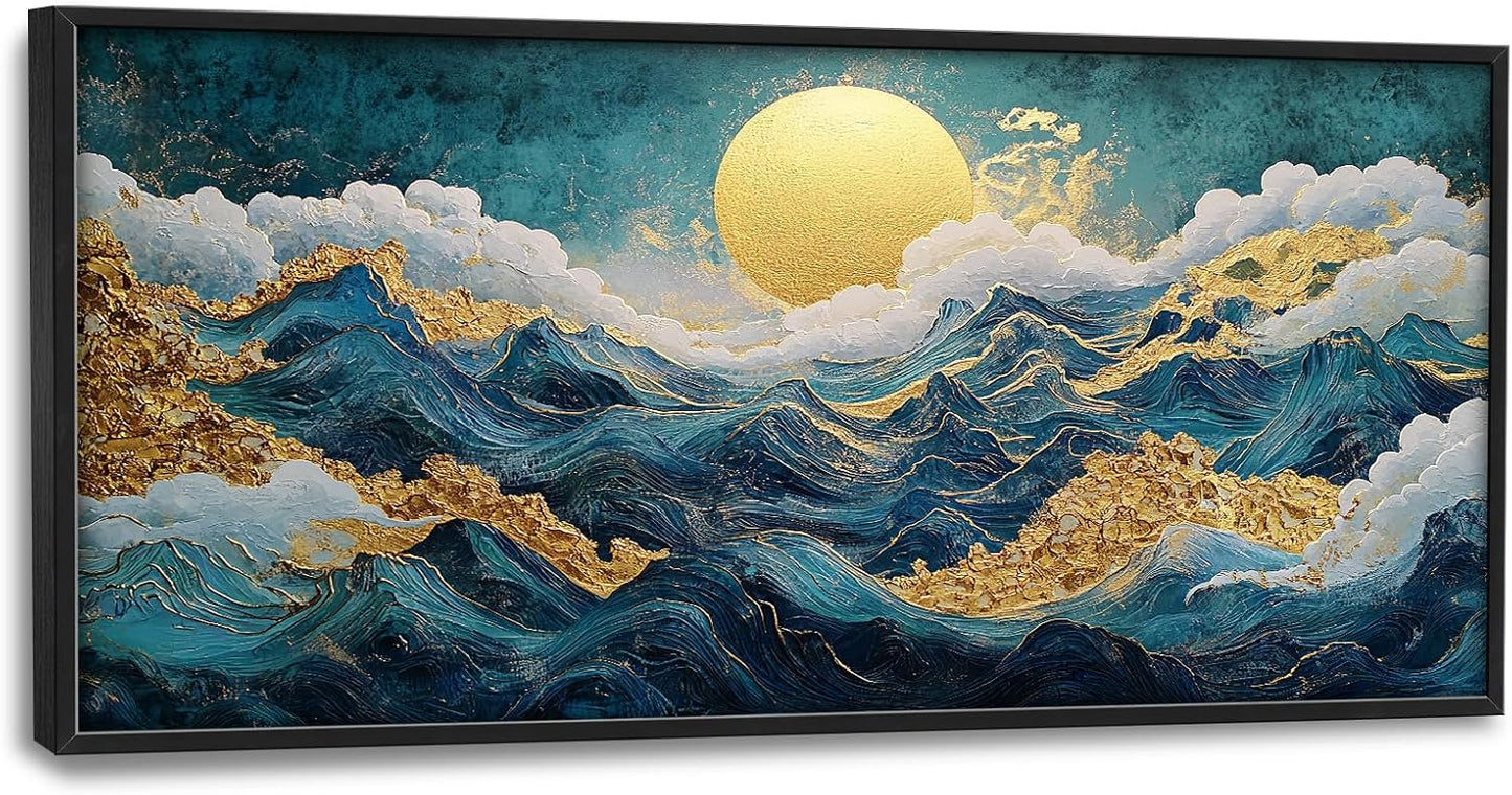 Framed Large Sun Mountain Wall Art, Oversized Teal and Golden Sun Wall Decor for Living Room, Abstract Landscape Canvas Painting Modern Artwork Home Decoration for Living Room Bedroom 60"x30"