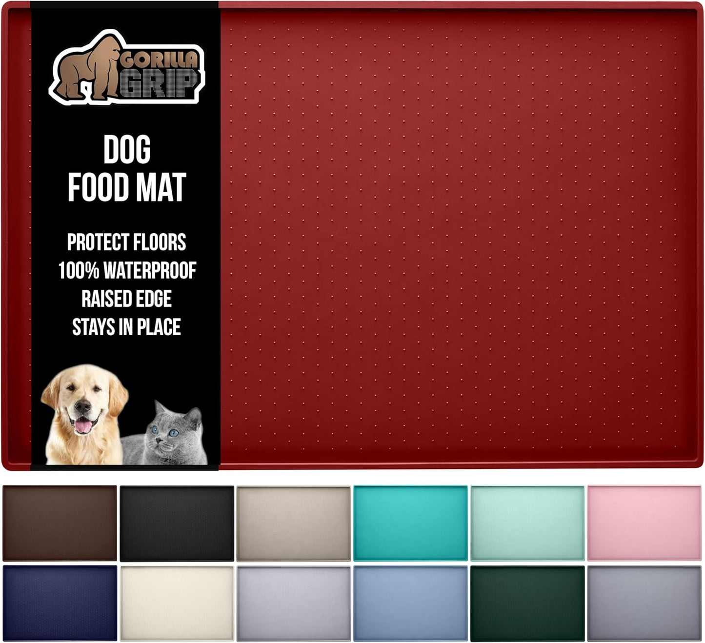 GORILLA GRIP 100% Waterproof Raised Edge BPA Free Silicone Pet Feeding Mat, Dog Cat Food Mats Contain Spills Protects Floors, Placemats for Cats and Dogs Water Bowl, Pets Accessories 18.5x11.5 Red