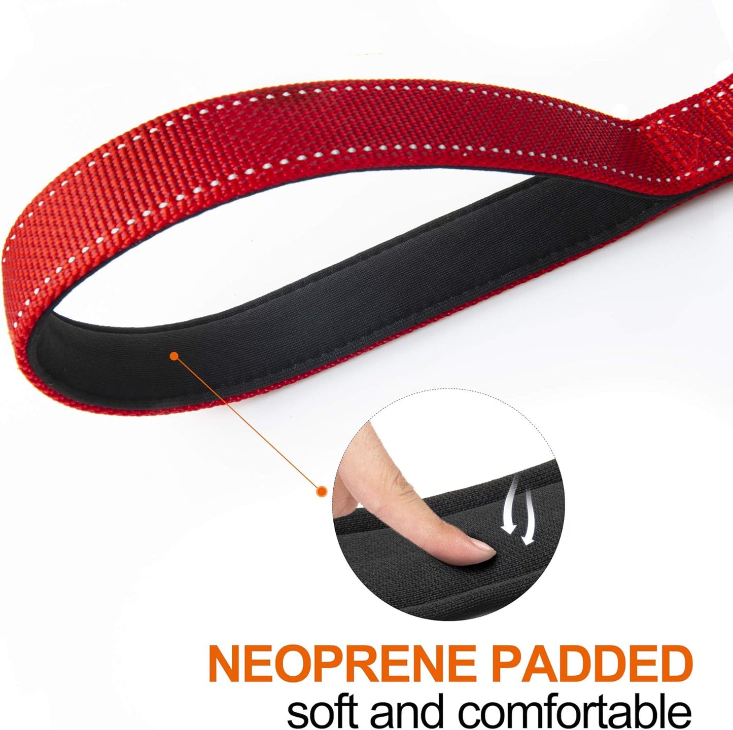 TwoEar 5FT 1IN Strong Red Dog Leash with 2 Padded Handles, Traffic Handle Extra Control, Comfortable Soft Dual Handle, Auto Lock Hook, Reflective Walking Lead for Small Medium and Large Dogs