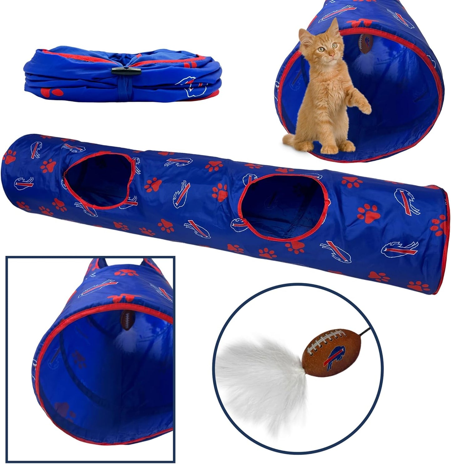 NFL Buffalo Bills Cat Tunnel Tube Toy with Plush Football Catnip and Feathers Collapsible Tunnel for Cats to Play, Peek and Hide, Sporty & Fun Cat Tunnel Toy with Team Logo All-Over Design!