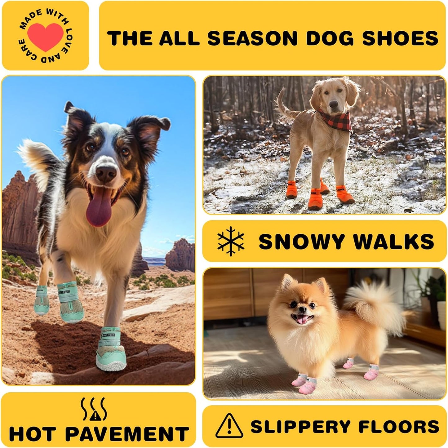 Hcpet Dog Shoes for Large Dogs, Waterproof Dog Booties for Small Medium Dogs, Anti-Slip Dog Boots & Paw Protectors for Hot Pavement Winter Snow Hiking with Reflective Straps Khaki Size 4