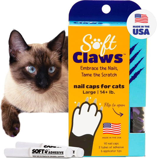 Soft Claws Cat Nail Caps for Large Cats – (40 Caps, Purple & Black) - Made in USA - Veterinarian-Developed | Protects Furniture & Skin - Easy to Apply, Long-Lasting Anti-Scratch Soft Cat Claw Covers