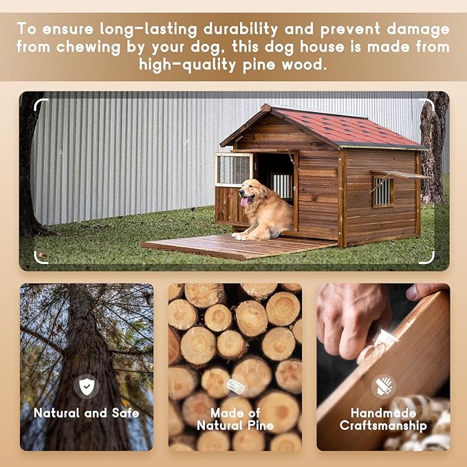 Extra Large Dog House Outdoor Made of Solid Pine Wood, Warm Doghouse, Dog House with Elevated Floor for Large Dogs, (Wood, 6XL)