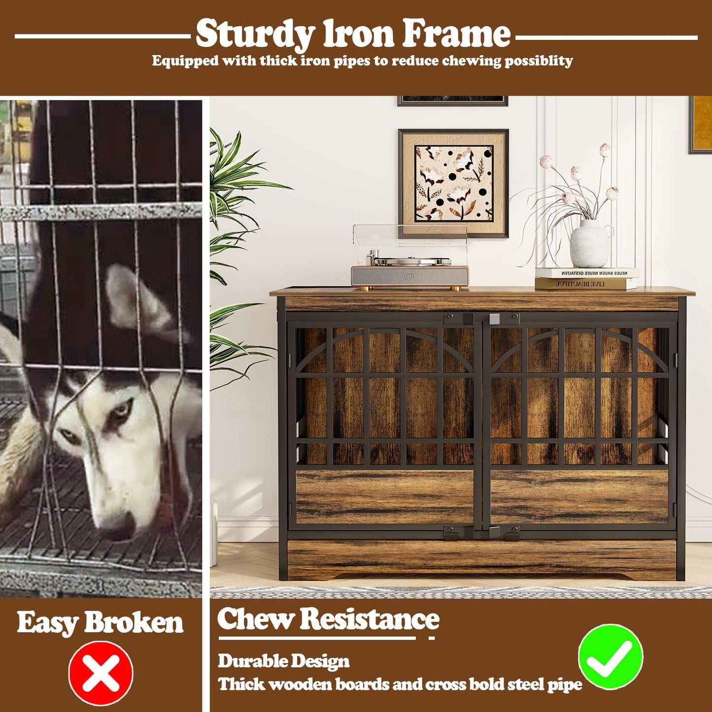 COZPAW 52 Inch Dog Crate Furniture, Extra Large Dog Kennel Indoor for XLarge Breed, Heavy Duty Dog Cage with Double Elegant Arched Doors, Decorate as TV Stand & End Table-Retro Brown