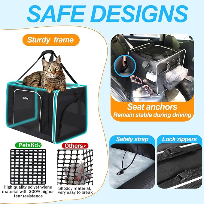 Petskd Extra Large Cat Carrier with Wheels and Litter Box 24"x17"x17" for Large Cat or 2 Small Cats, Collapsible Soft Sided Pet Carrier for Car Travel with Lockable Safety Zippers(Black)