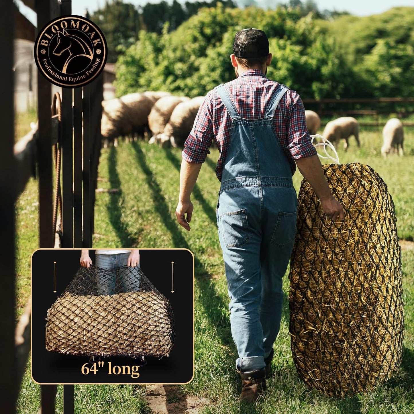 Bloomoak Slow Hay Net Feeder for Horses, Durable Soft Black PE 2/3 String Hay Bales Bags, Fit 36x18x18 to 47x25x17 Inches, Extends 50-64 Inches (3 1.6" Hole/1PC)