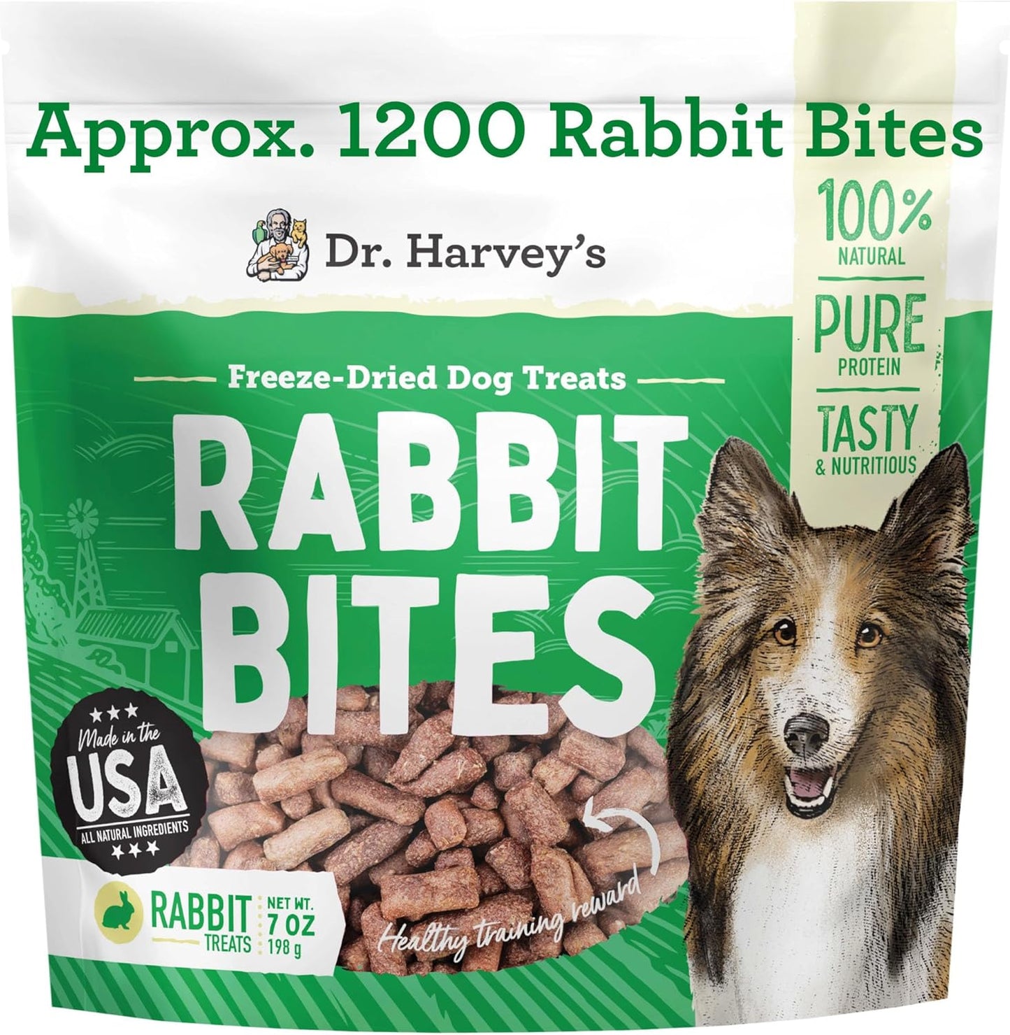 Dr. Harvey's Rabbit Bites Freeze-Dried Raw Dog Treats, Single Ingredient, All-Natural Rabbit Meat Protein for Dogs, Allergen-Free, 7 Ounces (1 Pack)
