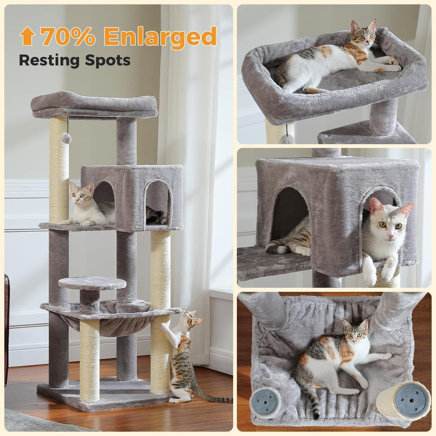 Large Cat Tree with Reinforced Scratching Posts (φ3.1in) for Big Adult Cats 30 lbs, 57.8" Heavy Duty Cat Tower with Larger Hammock and Condo, Cat Furniture for Maine Coon, Plush,Grey