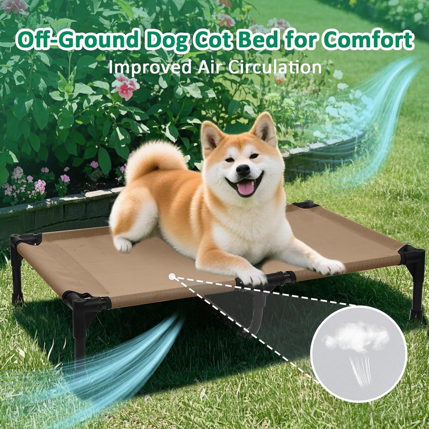 Elevated Dog Beds Medium Sized Dogs, Raised Dog Bed Outdoor, Cooling Pet Cot Bed Frame with Breathable Mesh & Non Slip Feet, Lifted Pet Hammock Bed (M, Brown)
