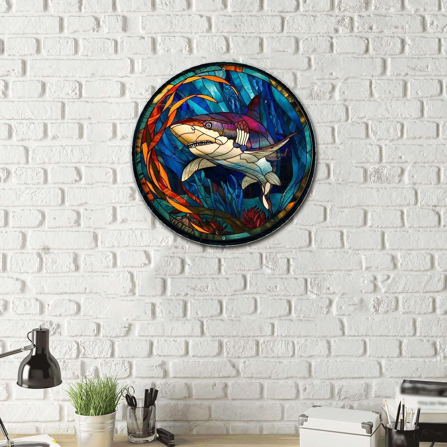 Lygond Metal Sign Tin Sign Circular Stained Glass Shark2 Home Deccor Store Home Decor for Patio 12×12 Inches